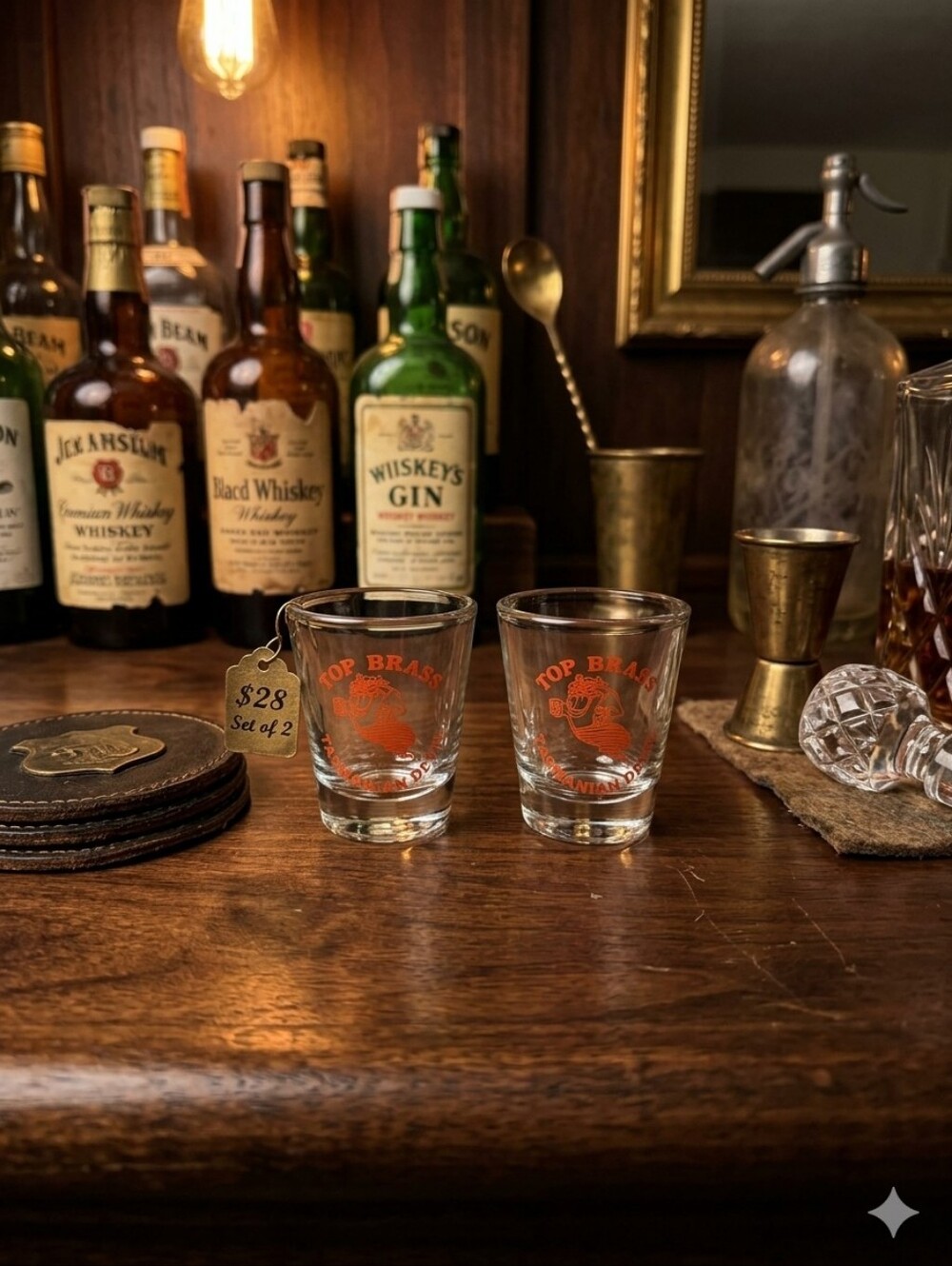 Vintage 90s Top Brass Restaurant Calgary Shot Glasses | Brassmanian Devil Pair